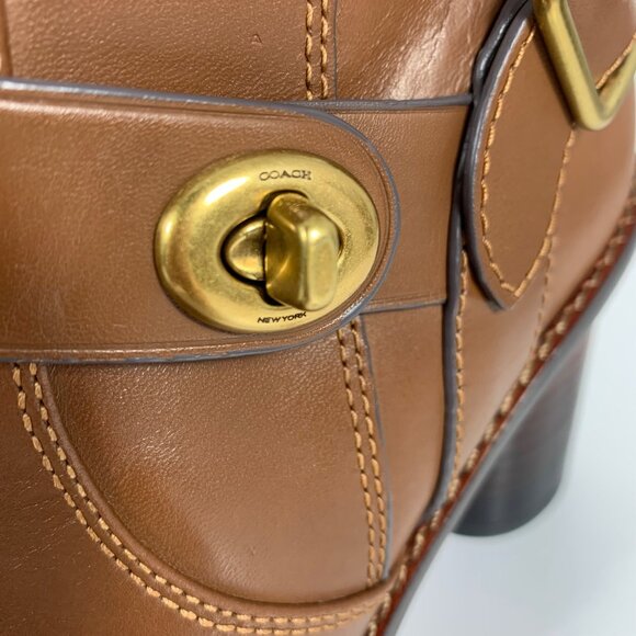 COACH 1941 Women Brown Leather Moto Booties Turnlock Buckles Stacked Heels NWOB - Picture 6 of 9